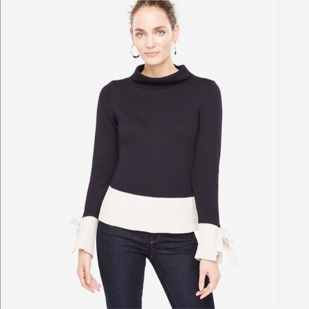 Ann Taylor Colorblock Tie Sleeve Mock Neck Sweater